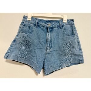 Anewsta Floral Embroidered Denim Shorts sz L Light Blue Excellent Boho Summer